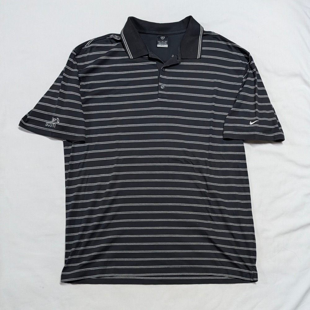 Nike Golf Mens XL Dri-FIT Striped Polo Shirt Black White 3com Logo Short Sleeve